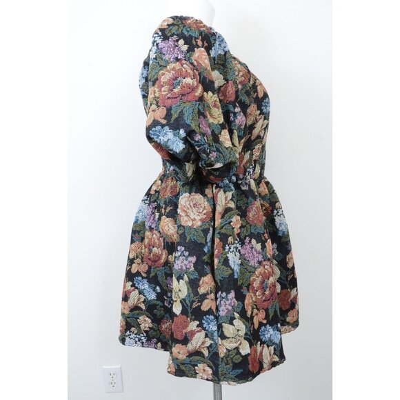 BOHME LaRuth Floral Brocade Short Puff Sleeves Pockets Smocked Mini Dress Size L - Picture 10 of 16